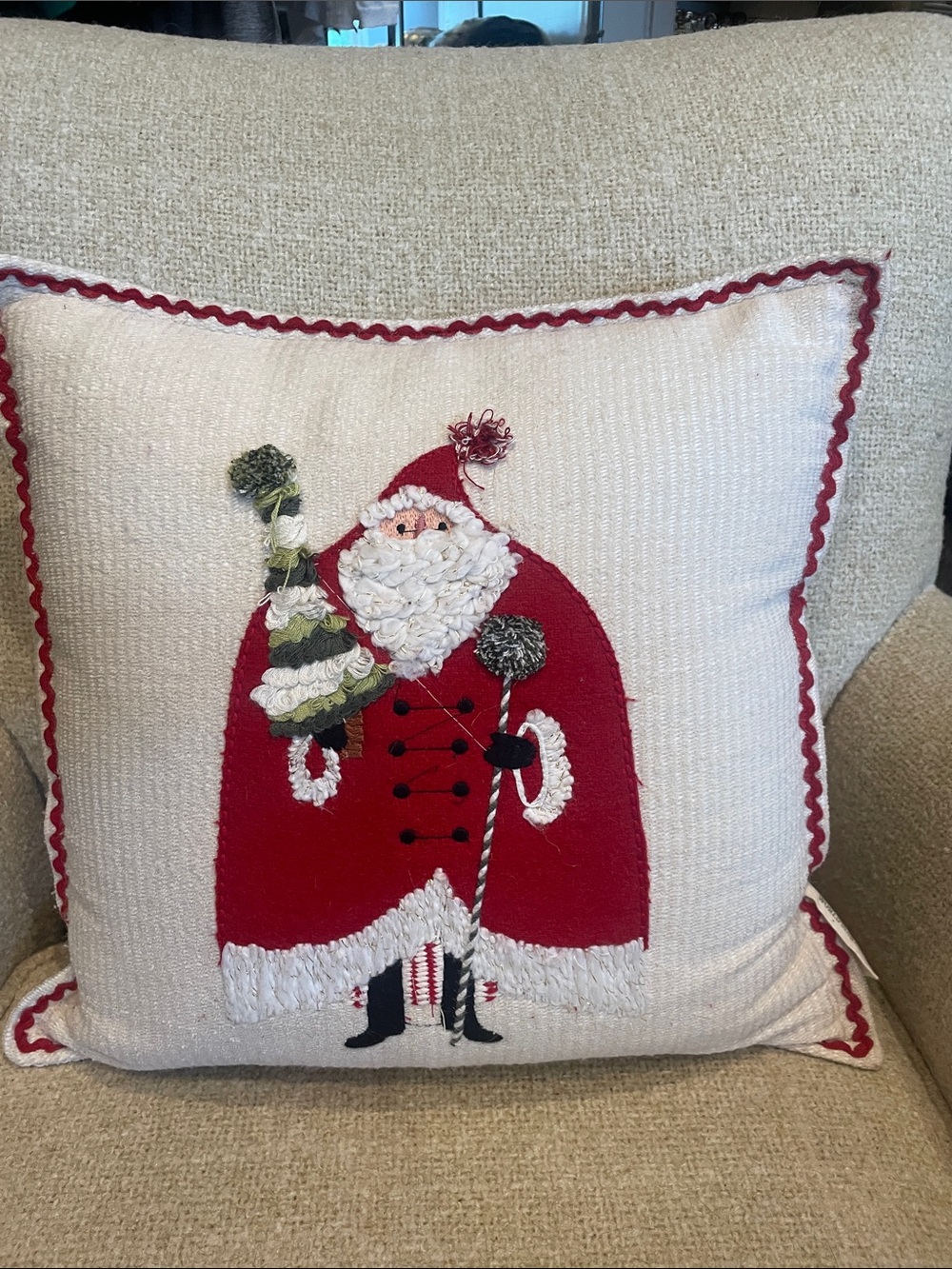 World Market Red and White Santa Appliqué Pillow with Green Tree